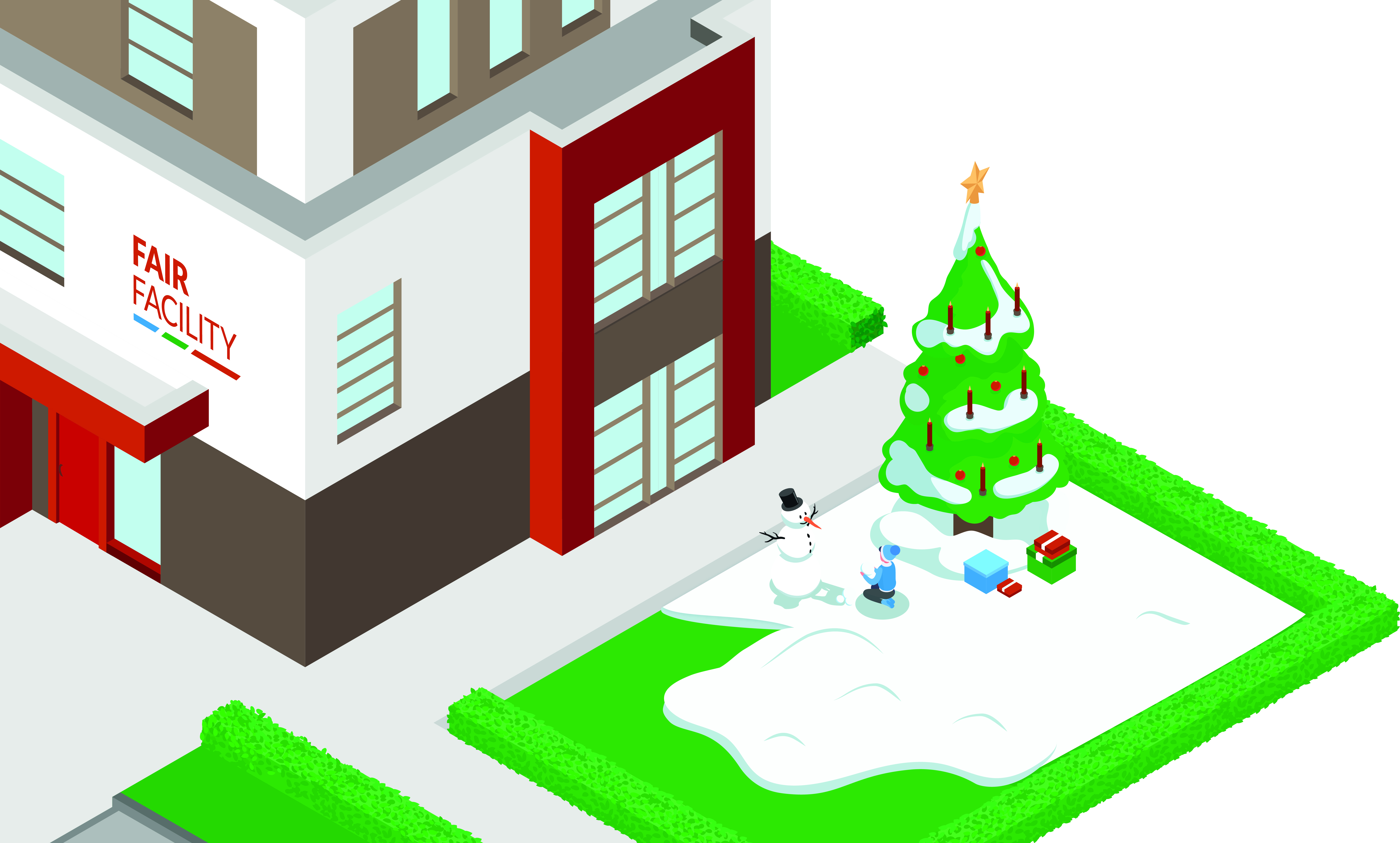 Weihnachtliches FAIR FACILITY-Gebäude im Schnee mit Weihnachtsbaum, Schneemann und Geschenken